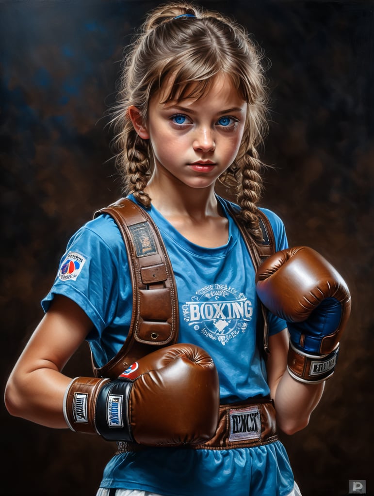 very cute painting of a teenage girl child, 13 years old, with blue eyes and brown hair and boxing gloves