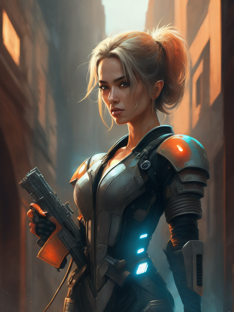 a woman in a futuristic suit holding a gun in her hand, looking at the camera, cyberpunk art, neo-figurative, anime