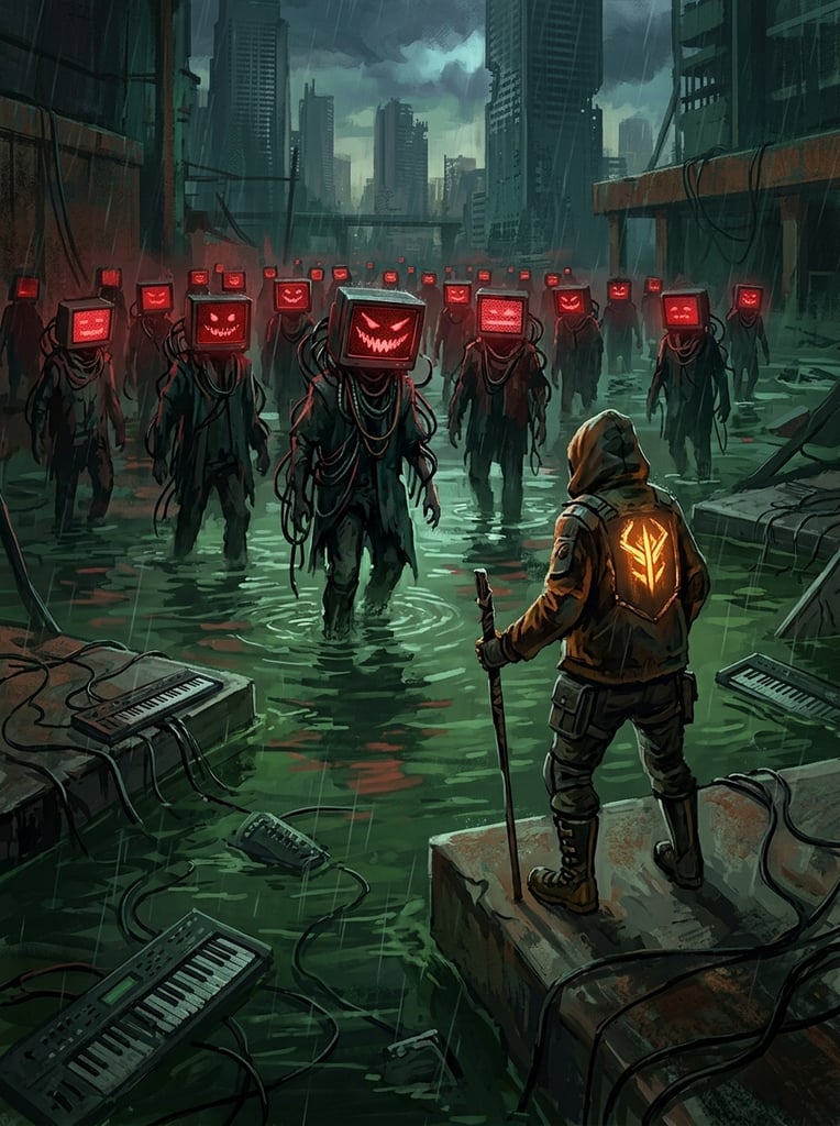 figures with glowing red monitor heads displaying jagged mouths, dangling cables, murky green flooded terrain, lone figure facing them with glowing orange jacket emblem, scattered keyboards, dystopian digital painting