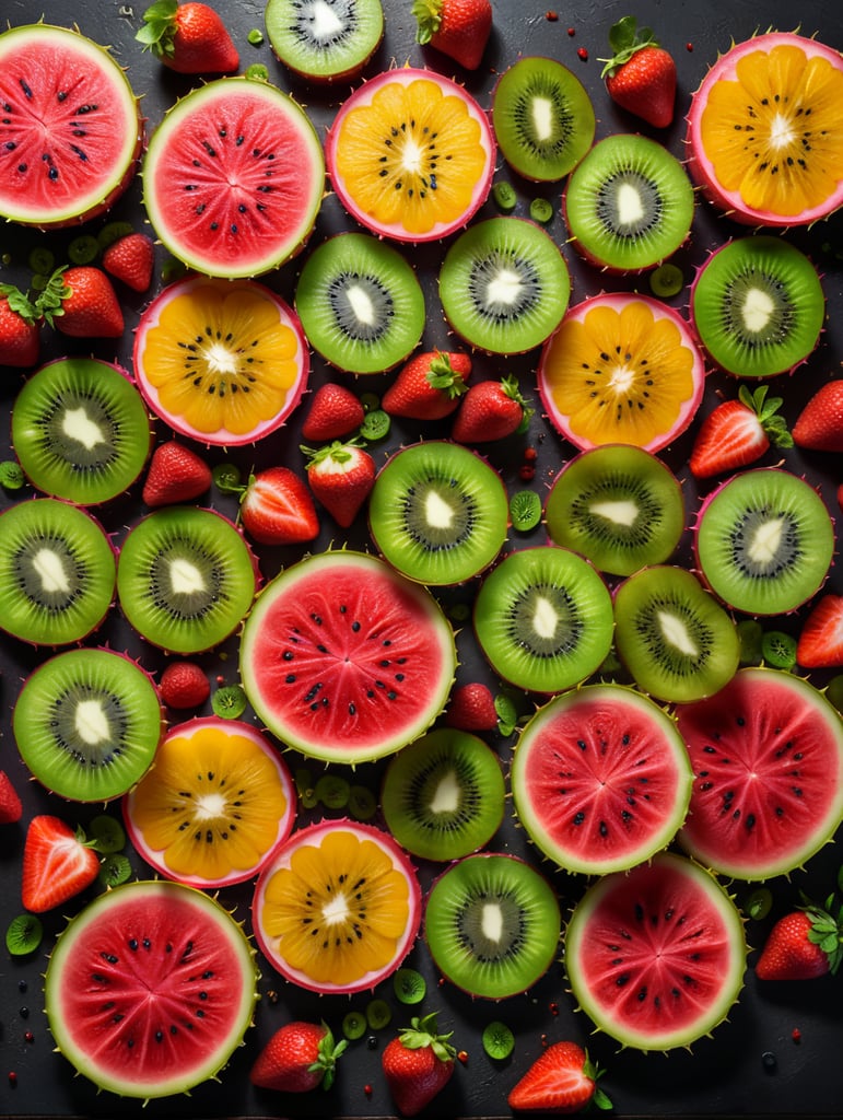 Colorful sliced fruit pieces, top view, watermelon, dragon fruit, kiwi, strawberry