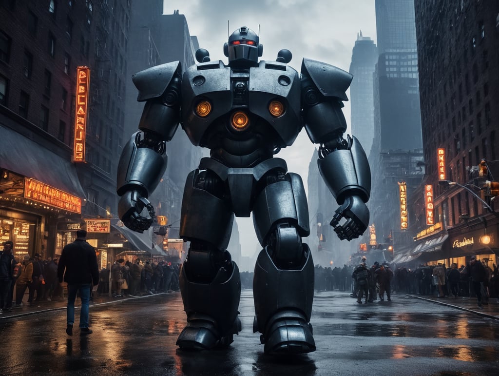 A giant robot jaeger fighting the stay puffed marshmallow man in New York city