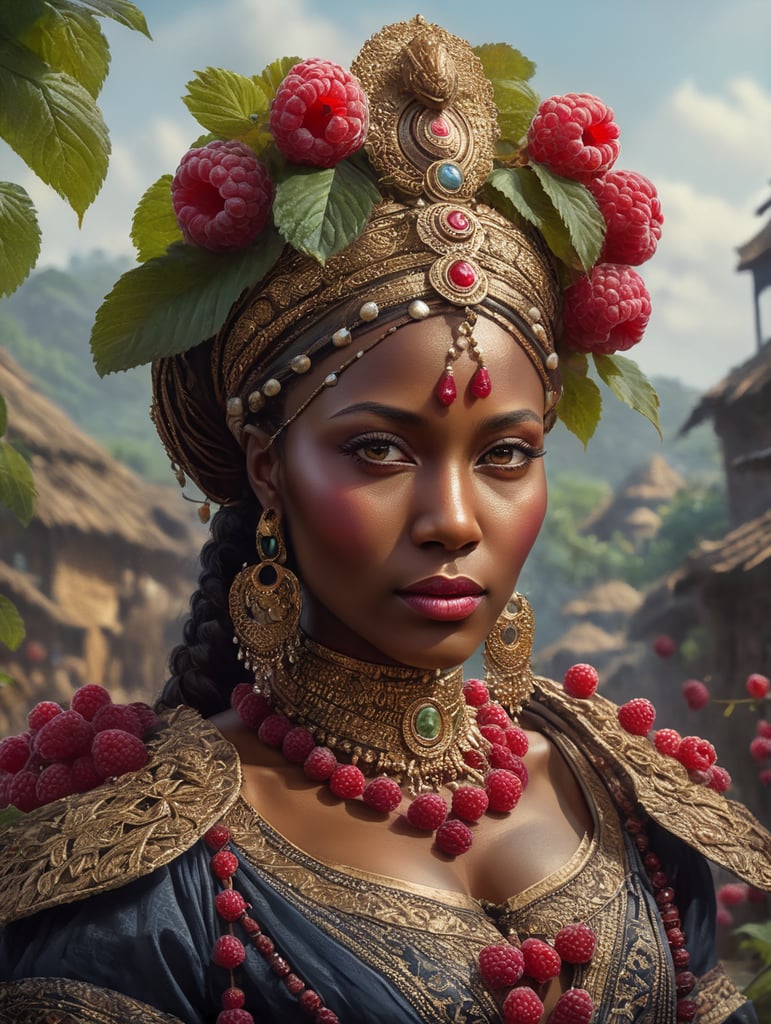Portrait of a Beautiful women from African fairy tale wearing traditional costume around bunches of raspberry