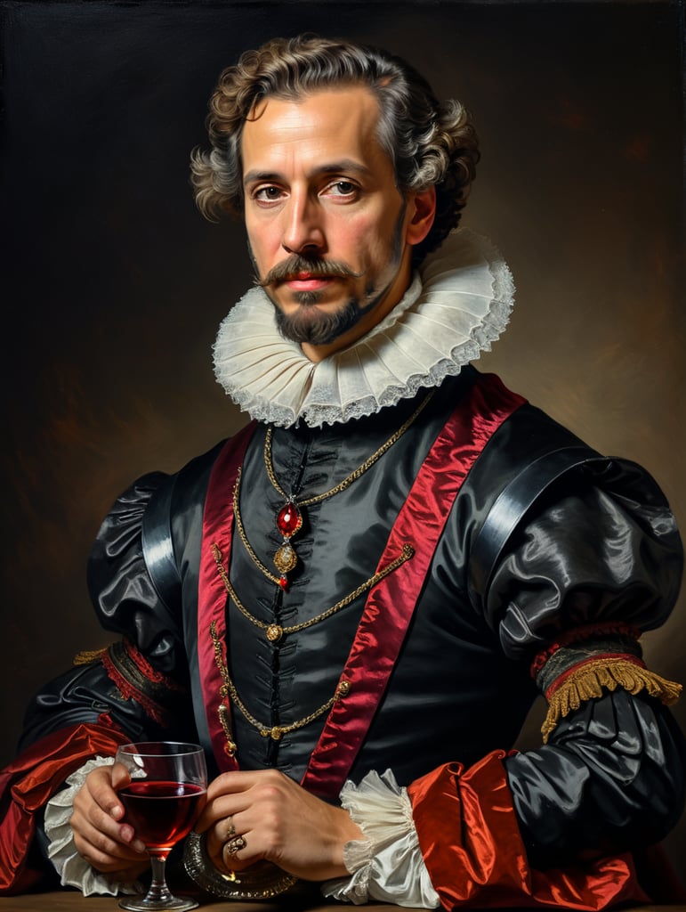 Portrait of Miguel de Cervantes in the studio, with a feather in one hand and a glass of wine in the other, drunk face, red noise and messy hair, very big starched ruff neck, dressed in black, Baroque style costume, vivid saturated colors, highly detailed, contrast colors, style of Velazquez, Painting, Oil, Portrait, Baroque, Spain, 17th Century,