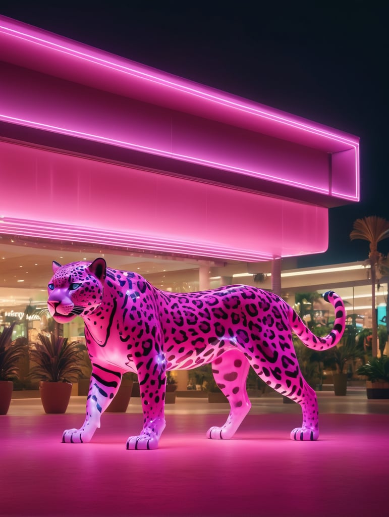 extra wide shot realistic translucent irridecent pink jaguar spirit animal in 90s mall at night