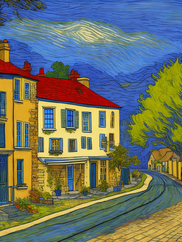 Color line drawing of an english village, van gogh style painting