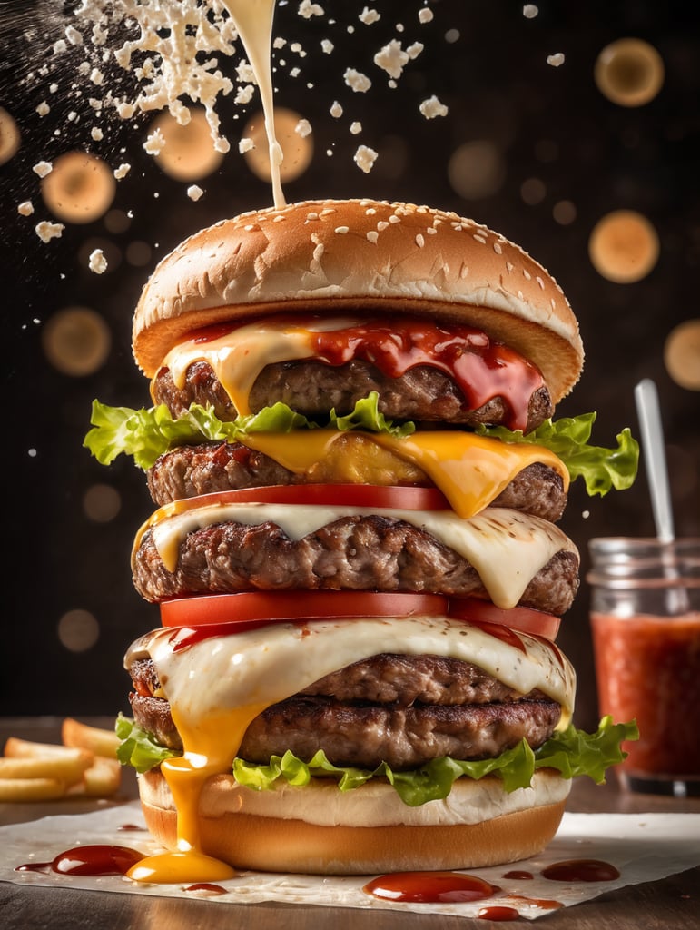 the moment after a burger explodes from inside, splitting it in two and splattering fragments in all directions, scattering ketchup and cream, very fast shutter speed, volumetric lighting, Reflective glass plate behind and below