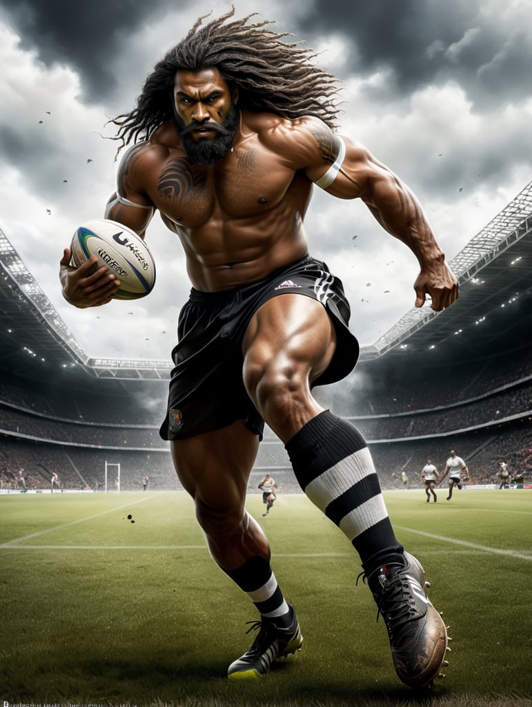 A Fijian warrior with long hair, wearing black shorts, white Nike Jersey, rugby boots with long white and black stripe socks,running with a rugby ball in his hand, scoring a try🏉