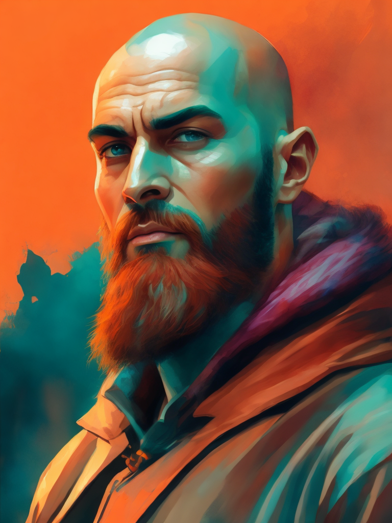 bald man with a beard in bright colors in a graphic style добрый взгляд, контрастный цвет рисованный в стиле комиксов