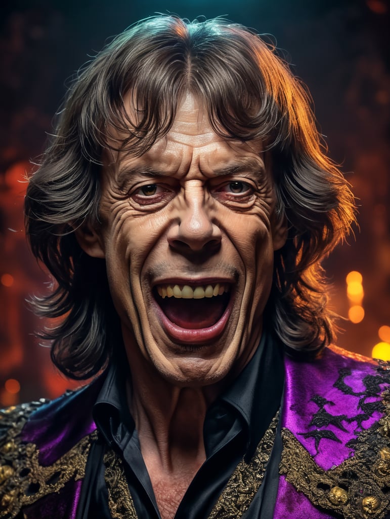 Mick Jagger as an evil character wearing spooky Halloween costume, Vivid saturated colors, Contrast color