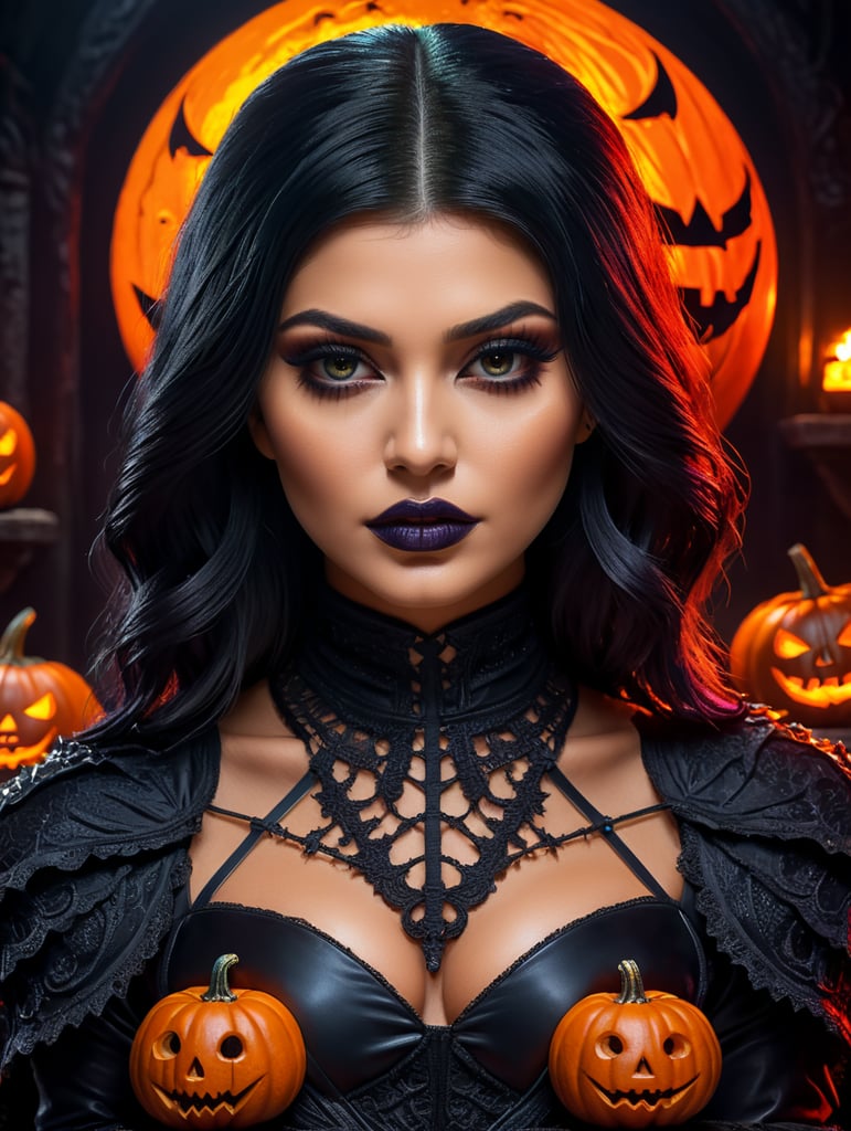 Kylie jenner as an evil character wearing creepy and spooky Halloween costume, Vivid saturated colors, Contrast color