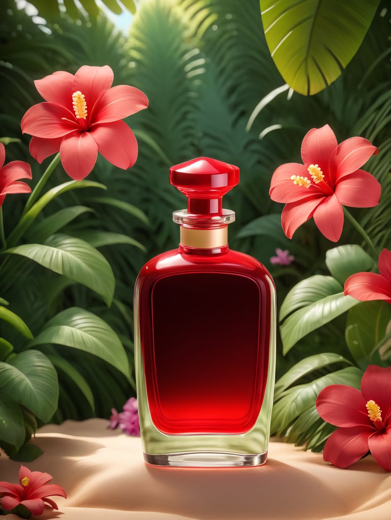 an ad shot of a plain perfume red bottle in a tropical setting with lots of flowers in a summer setting, professionally color graded, award-winning image