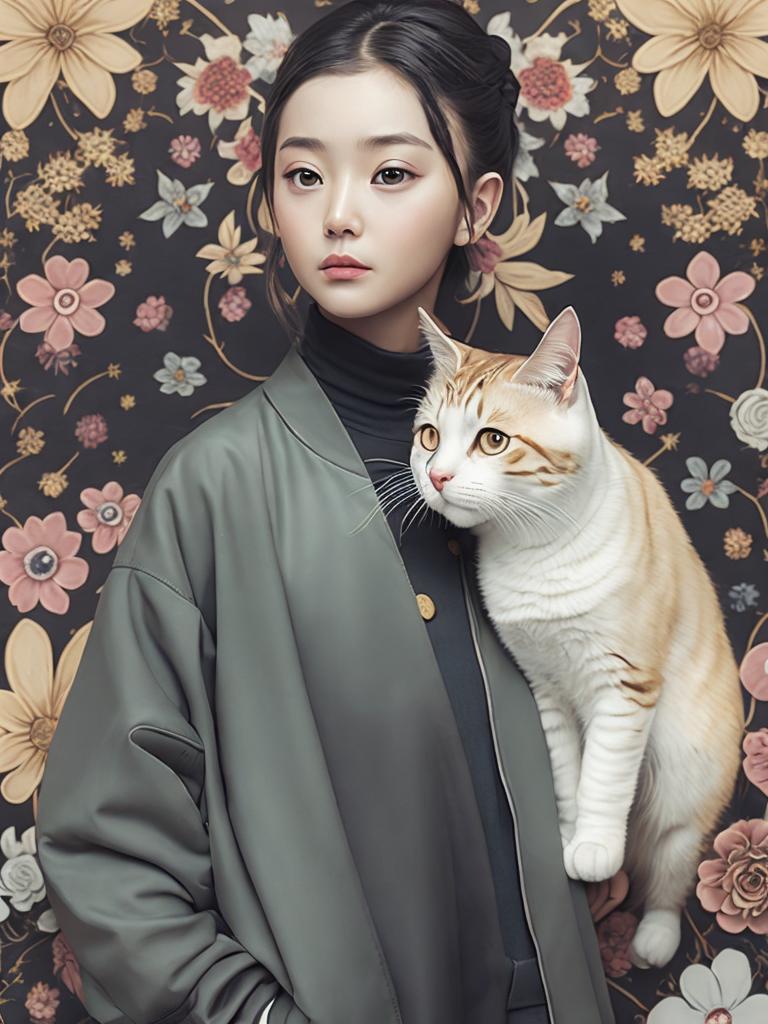 Magazine cover poster, upper portrait of anime girl with cat, ultra detailed, cel shading, artistic, shibuya fashion, harajuku fashion, mucha, frida kahlo, vivid floral oversized sukajan bomber jacket, trends of pixiv, headline, logos labels, badges, graphic design, art by miyazaki hay takashi murakami oda eiichirō