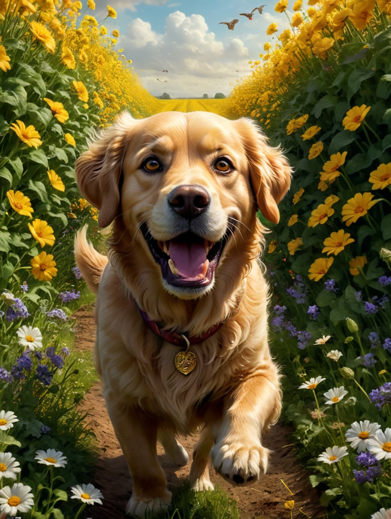 disney pixar movie poster with title'phi', a golden golden retriever with deep brown eyes with longer legs running in a field of flowers