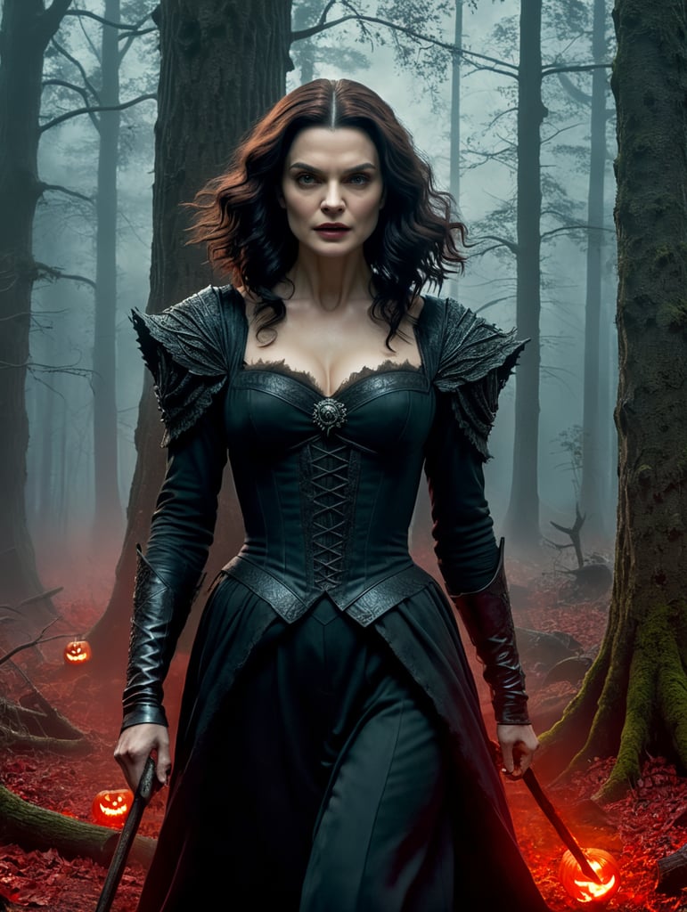 By Stephen King and James Wan, visualize Rachel Weisz as a cursed witch practicing dark arts in a haunted, ancient forest, as the skies bleed red on Halloween night, eerie, horrific, bloody, Halloween, cinematic photography, action shoot, movement, epic, high definition