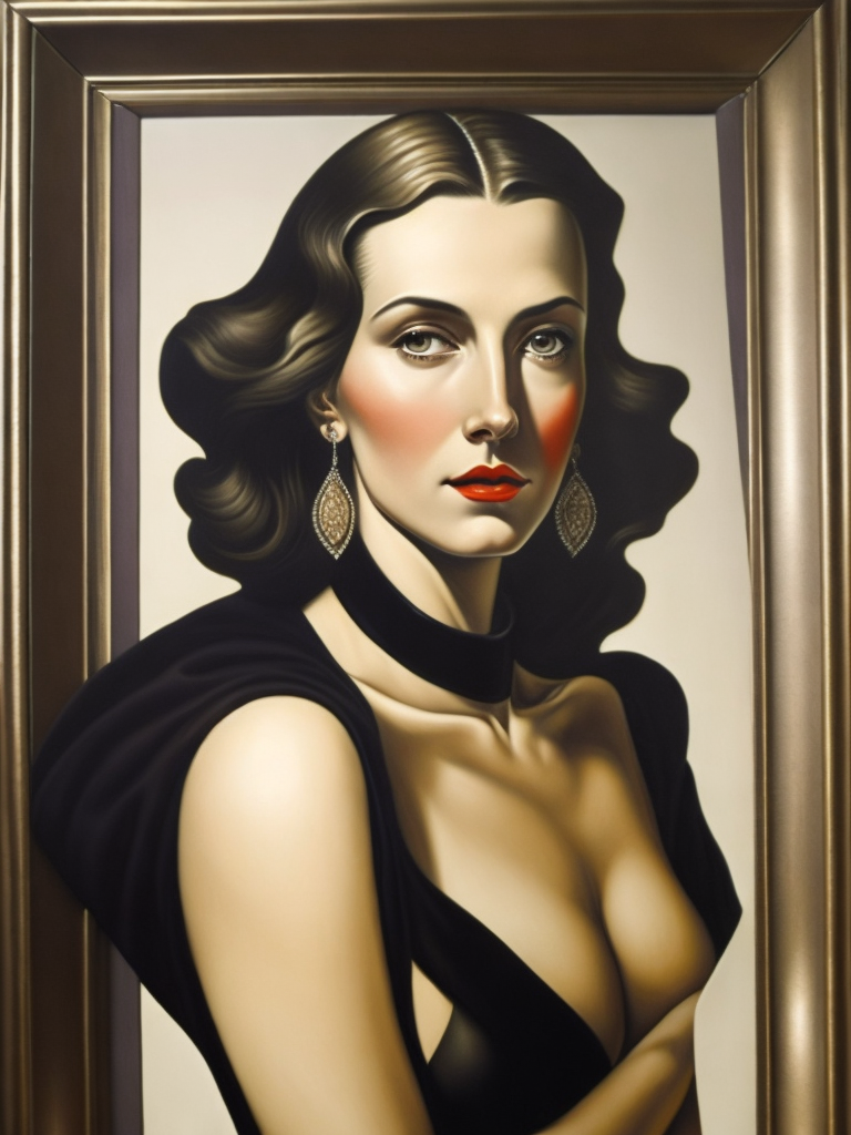 A painting of a very beautiful, middle aged woman in the art deco style of Tamara de Lempicka.