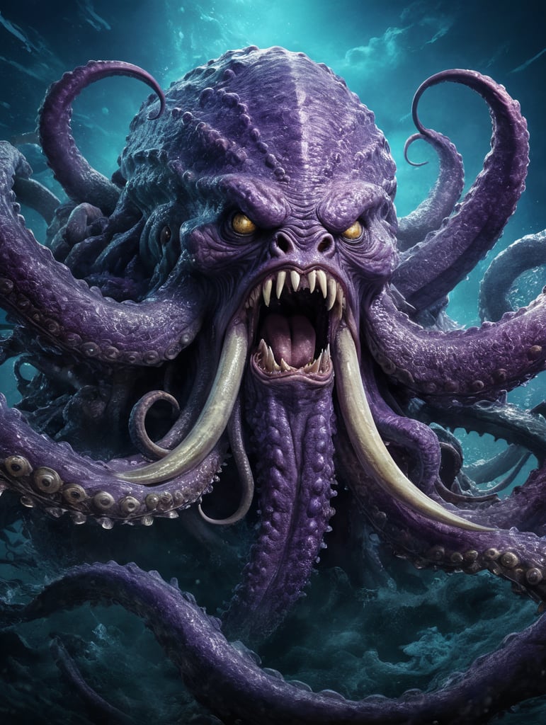 an original illustration of a [kraken] with fierce | [blue purple duotone] background | aggressive digital raw explosive wildlife --s 50