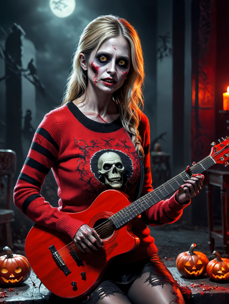 Sara Michelle Gellar as a zombie wearing a red sweater with thick black stipes, playing a guitar, Halloween style, Vivid saturated colors, Contrast color