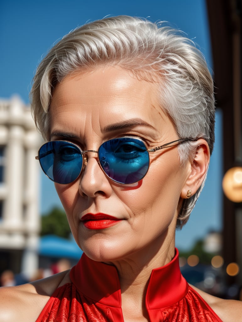 A portrait of a beautiful English older woman with white platinum short hair and big sunglasses, dressed all red, blue background, big cleavage, glamorous London portrait, highly realistic, women designer, very fashionable, colourful