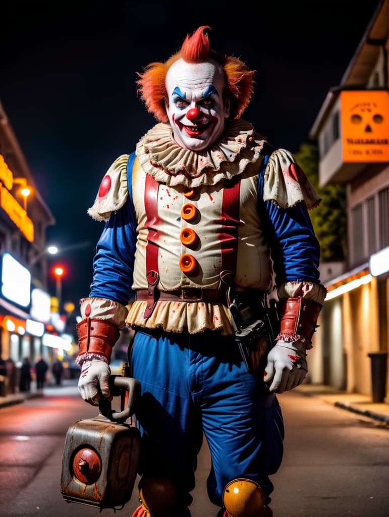 A terrifyingly big-bellied clown on a Halloween-themed street at night, holding a chainsaw with blood on it.