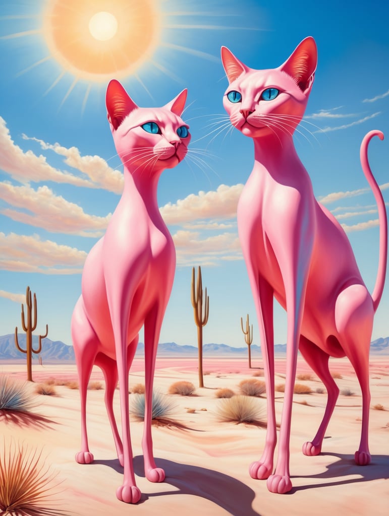 Pink cats in a desert. Painted in the style of Salvador Dali. Very hot and sunny rays with blue sky. Very long and thin legs