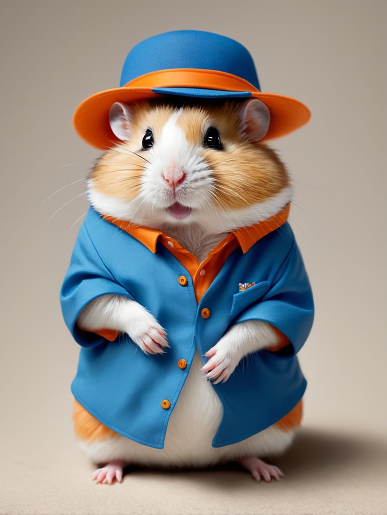 Een hamster pion met een blauw met oranje shirtje aan. De hamster heeft een hoedje op. De hamsters moeten lijken op die van de Albert Heijn.