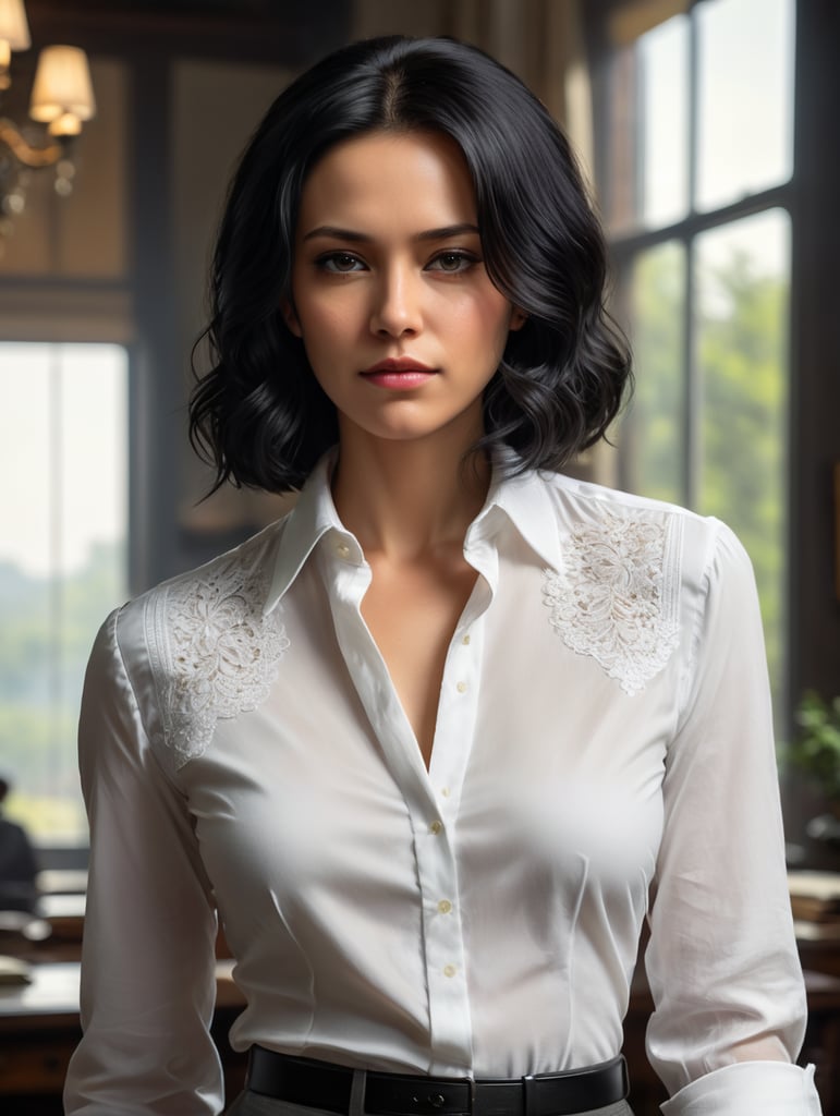 A 30-year-old woman with shoulder-length black hair, wearing a formal white shirt, polite and introverted.