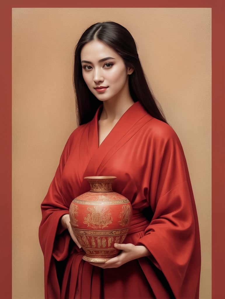 woman dressed in a red robe and holding a vase, image in the Duccio style