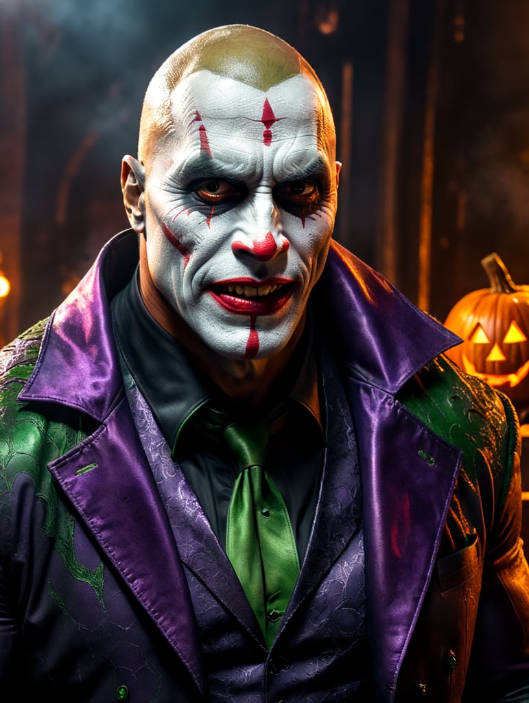 Dwayne Johnson wearing spooky Halloween costume in joker makeup ,Sinister, Vivid saturated colors, Contrast color