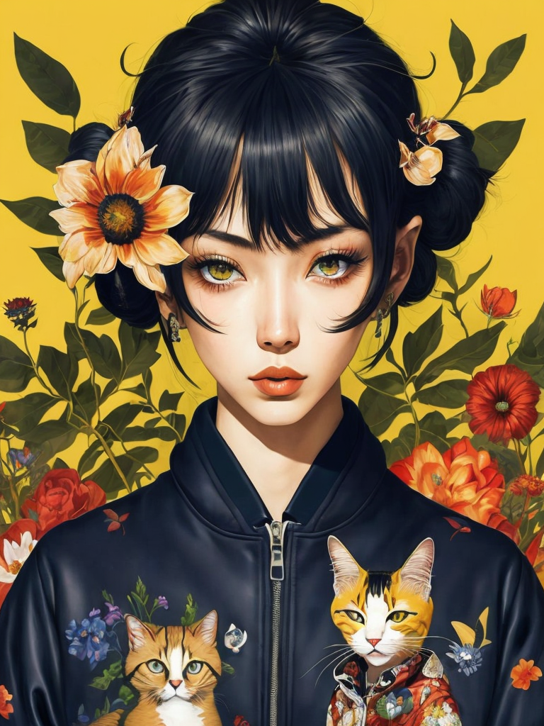 Magazine cover poster, upper portrait of anime girl with cat, ultra detailed, cel shading, artistic, shibuya fashion, harajuku fashion, mucha, frida kahlo, vivid floral oversized sukajan bomber jacket, trends of pixiv, headline, logos labels, badges, graphic design, art by miyazaki hay takashi murakami oda eiichirō