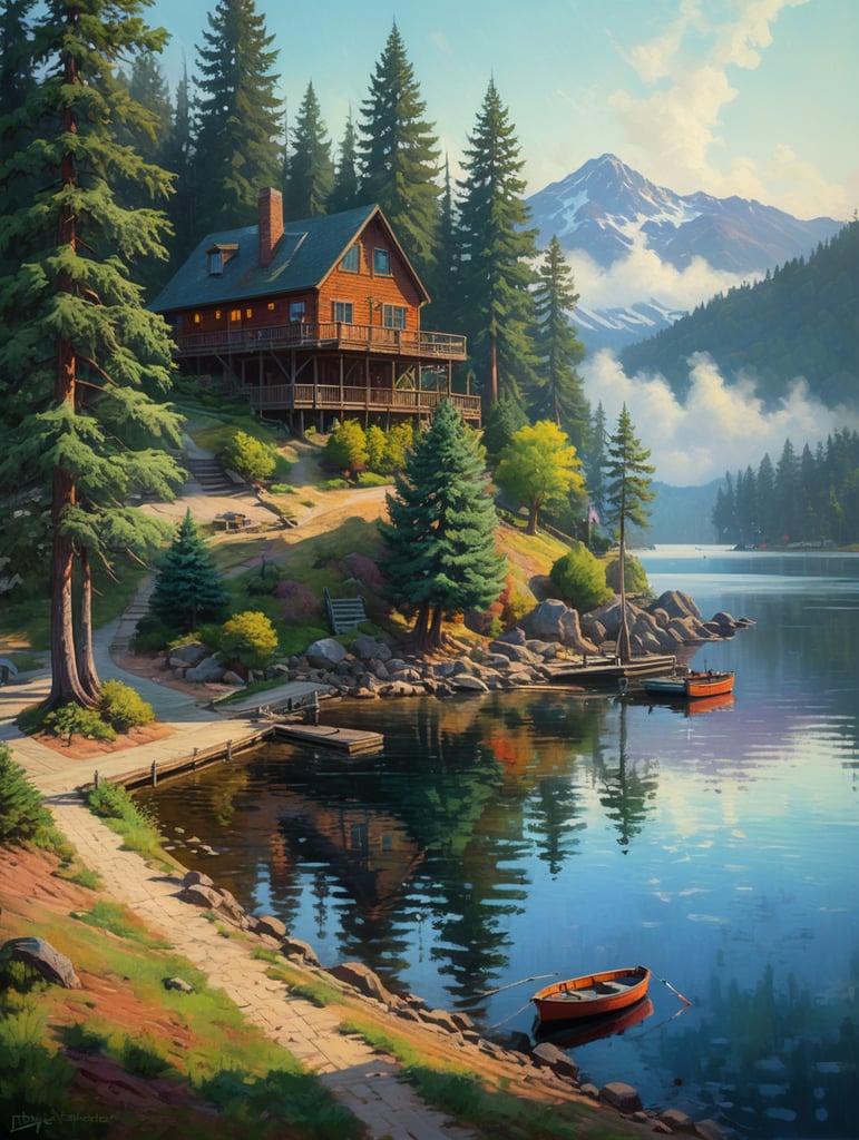 Lake, sail boat, landscape, rpg style, erin hanson, trees, quay, wharf, morning light with long shadows and mist, some fog, house, painting, hill, spruce tree, some sand