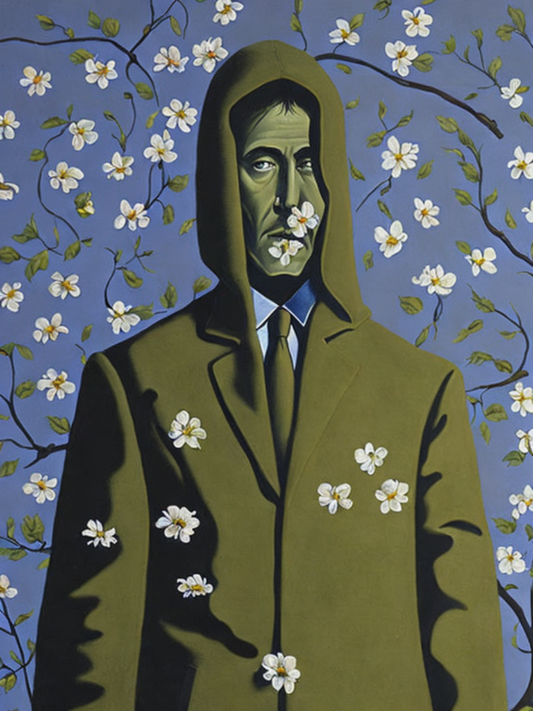Man with body covered by flowers, painted by rené magritte