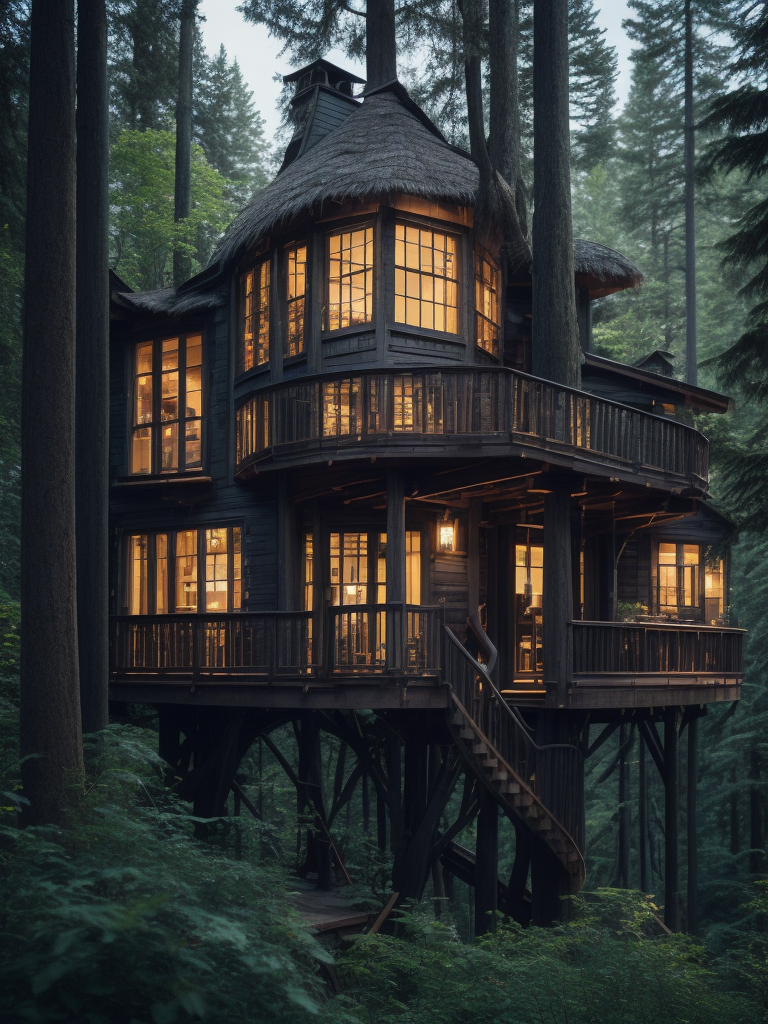 Treehouse with big windows in lush forest, intricate woodworking, incredible details