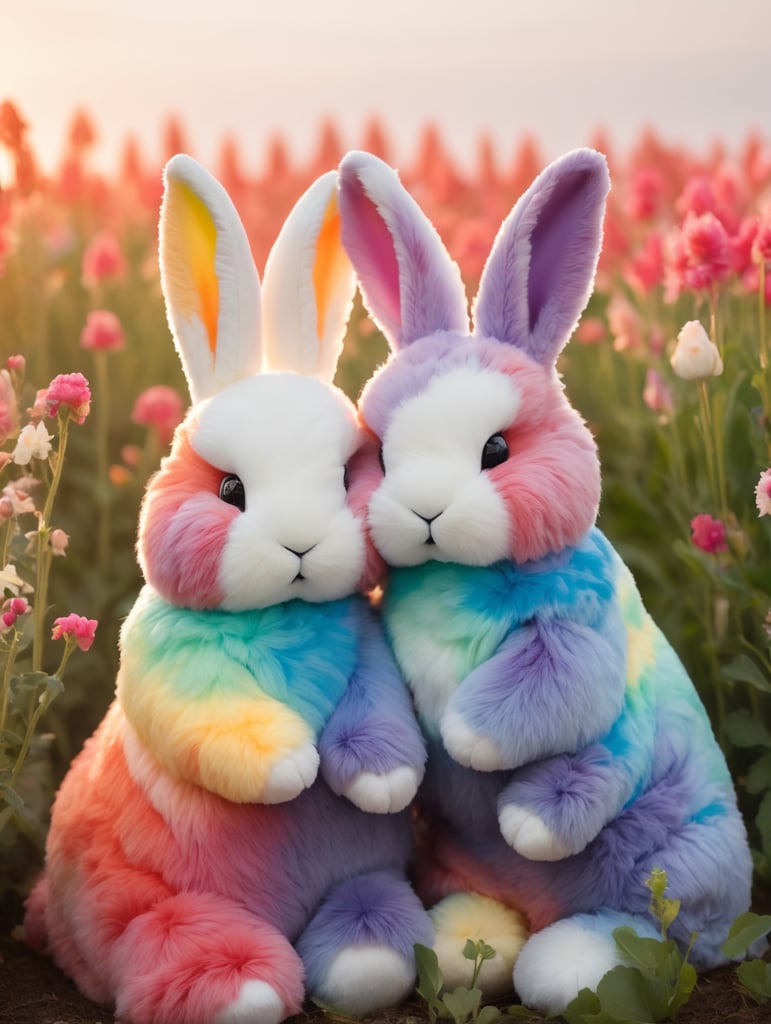 Two tie dye rainbow fur bunnies cuddling in field of flowers sunset