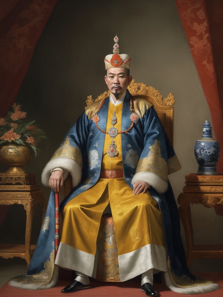 An 18th century painting of a vietnamese emperor sitting down, wearing european clothing and an asian imperial crown