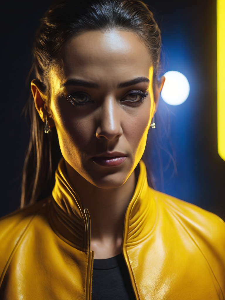 cinematic shot, a women looks on the camera, wearing yellow leather jacket, yellow lighting right side reflecting on her face, weak blue lighting left side reflecting on her face, canon 50 lens, focus on the face everything else is in blur, the blade runner scene.