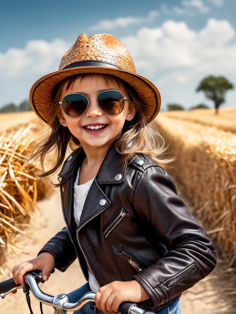 photo happy little girl going to travel, cute girl, leather jacket, straw hat, sunglasses, harpers bizarre, cover, headshot, hyper realistic