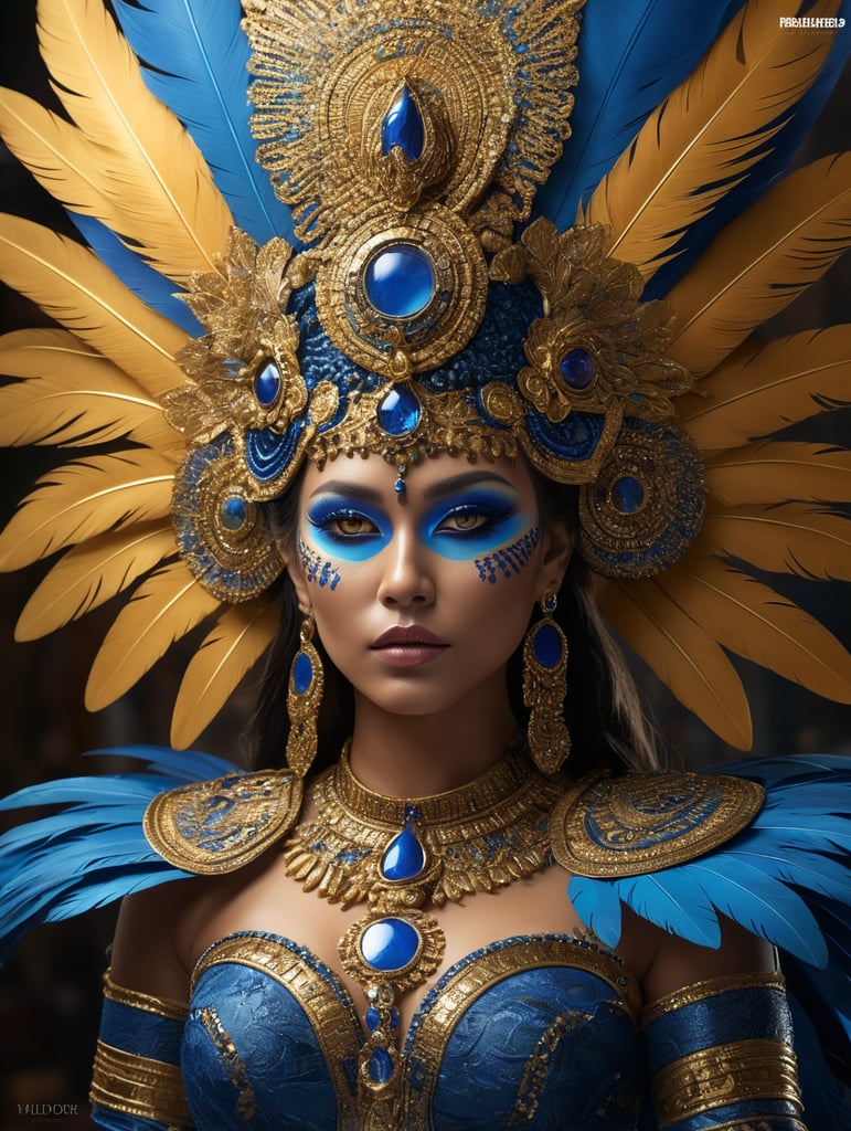 A tan skin mayan queen all blue and gold elaborate outfit, with huge headpiece center piece, blue gold makeup with oversized headdress with long bird feathers, with depth of field, fantastical edgy and regal themed outfit, captured in vivid colors, embodying the essence of fantasy, minimalist.