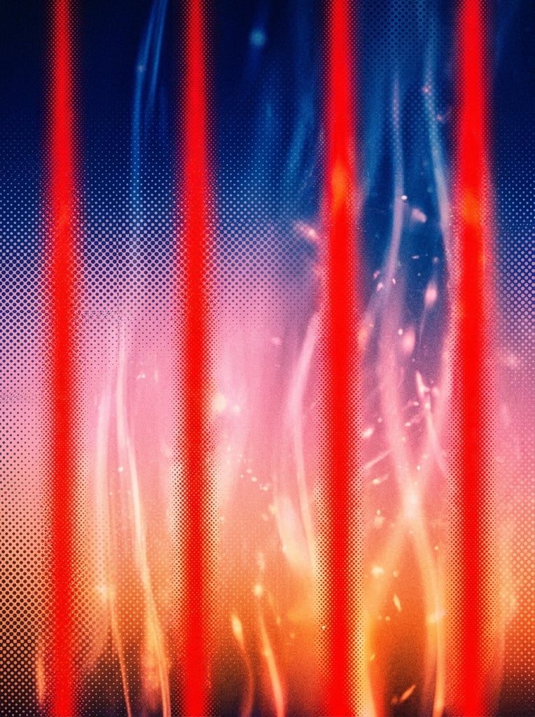 abstract vertical gradient background, blurred light streaks, deep blue merging into soft pink and warm orange, bright red columns, distinct halftone dot texture, vivid luminous screen aesthetic