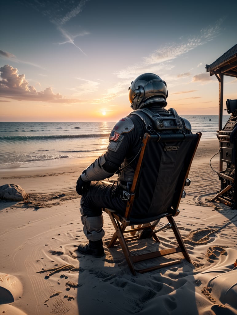 An astronaut sitting on a beach chair on a beautiful beach. With the sunset in the background.