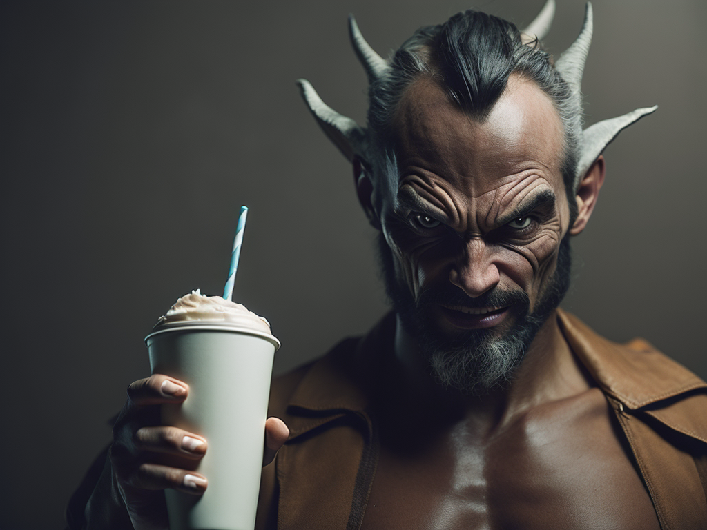 un diablo con rostro humano, fuerte e imponente tomando una malteada de vainilla