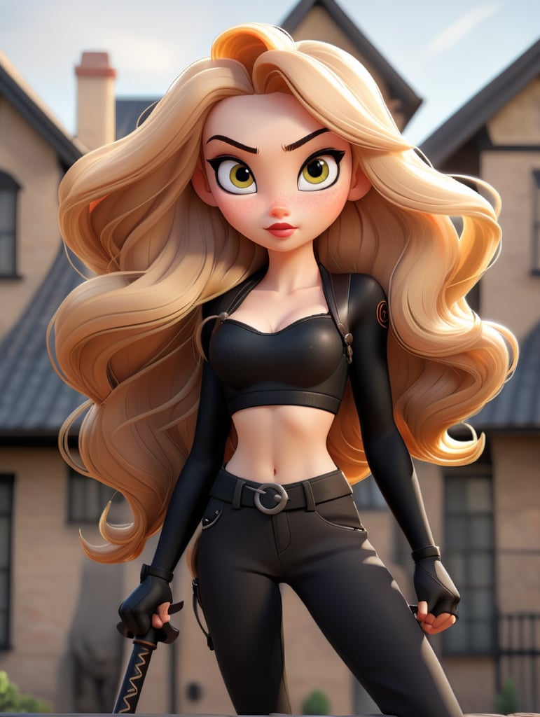 Beautiful anime girl 3D Model With Long Blond Hair, light golden eyes, sharp nose, light brown lips, average body Shapes, wearing black bra with black Cargo Pant holding a katana sword in one hand standing at the edge of roof top.