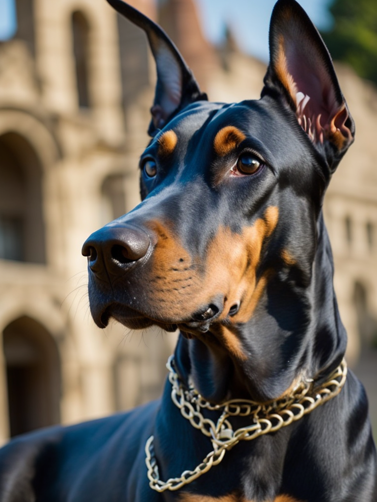 Doberman dog, golden chain, aggresive look, in front of a castle, dramatic Lighting, Depth of field, Incredibly high detailed, deep colors