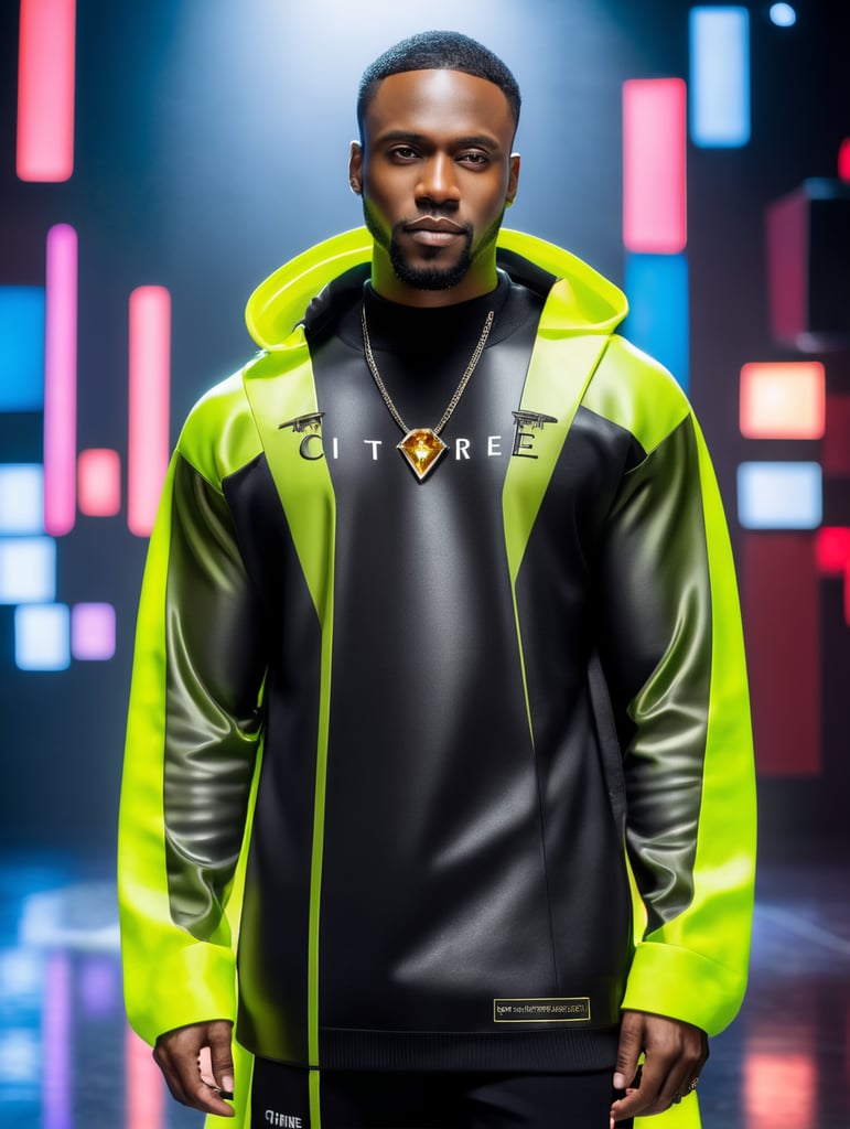 black man wearing black crewneck sweater, with the words CITRINE & CROIX on the center chest of the sweater, in a studio for a photo shoot, bright colours, high contrast, contrast lights