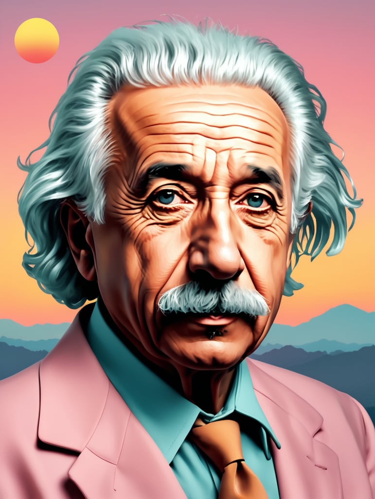 pop art comic style popular photo Albert Einstein, stylish, sunset, pastel colors --quality 2 --s 750 --v 5.2