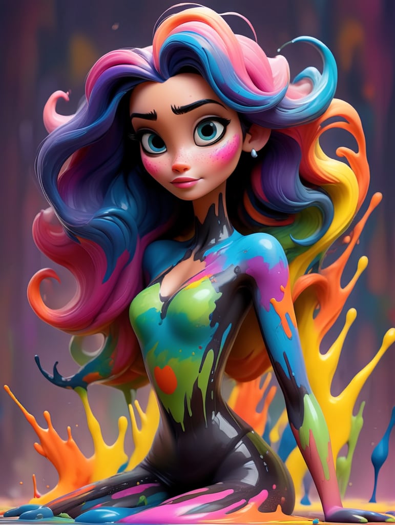 Woman with colorful paint on her body and arms, melted body, the paint is flowing, creative, bright colors