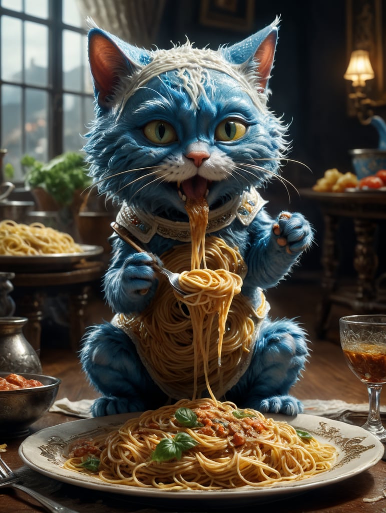 Cat smurf wearing a dress and eating spaghetti