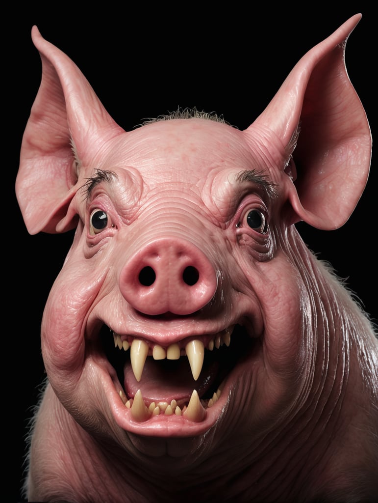 The strangest, scariest, pig-faced monster, horror feel, black background, realistic