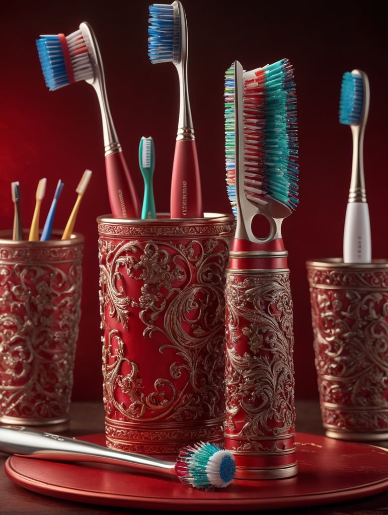 toothbrush, nails, red background