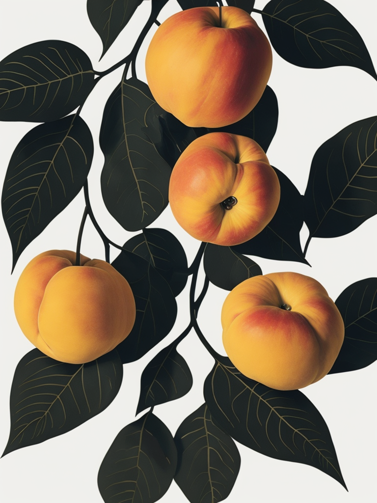 Peaches With Leaves, Flat, Tamara Lempicka, White Background, Art Deco, Photoillustration