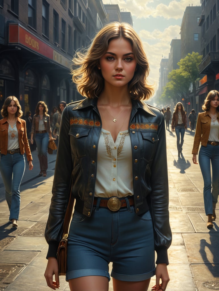 young women aged 24, 70's style, like the feel of the 70's, photographed full body, in the city with sunlight in the morning